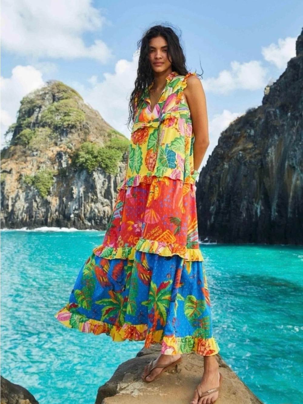 FARM Rio Tropical Tiered with Ruffle details Maxi Dress; Multicolor; size M